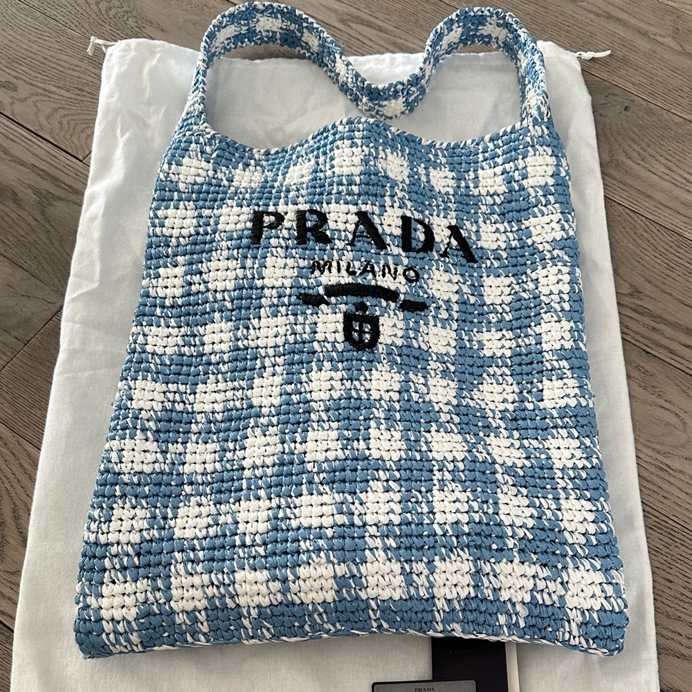Prada Blue and White Checkered Tote
